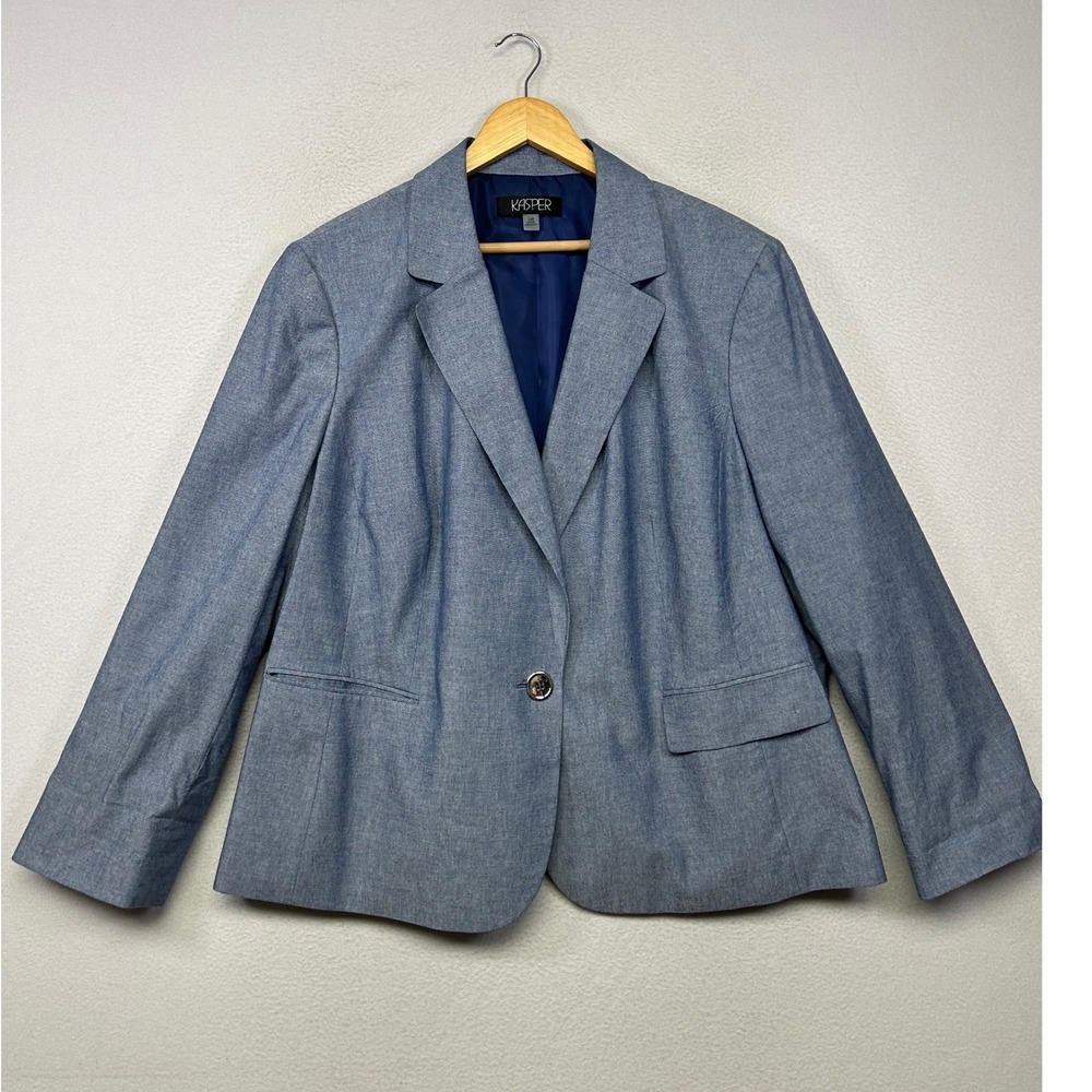 Professional Career Kasper Womens 24W Blue Chambray One Button Blazer Jacket